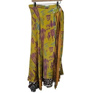 Darn Good Yarn Sari Silk Wrap Skirt Ankle Length Goddess (Fit 22-26) Yellow Gold